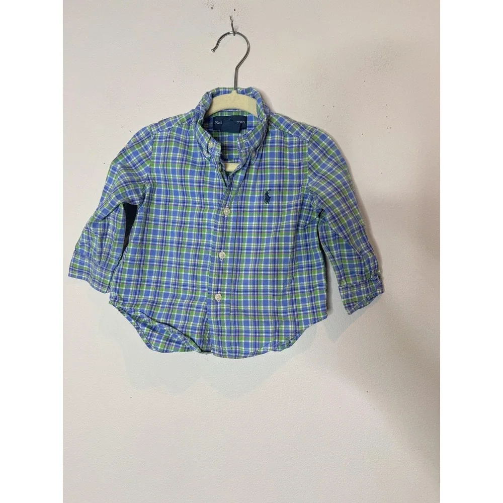 Ralph Lauren Shirt Boys 9-12 Months Blue Green Plaid Button Up Long Sleeve‎ Top